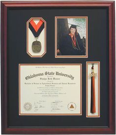 a framed diploma and other items are on display