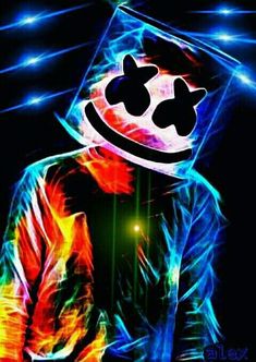 a person wearing a hoodie with lights in the background and an image of a face painted on it