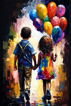 a painting of two children holding hands with balloons