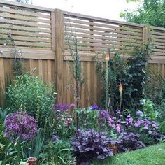 the garden is full of colorful flowers and plants in pots, along with a wooden fence