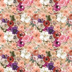 an abstract floral pattern with pink, red and white flowers