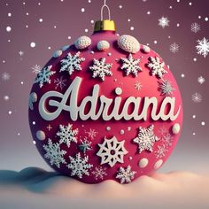 an ornament with the word adriana written on it in snowflakes