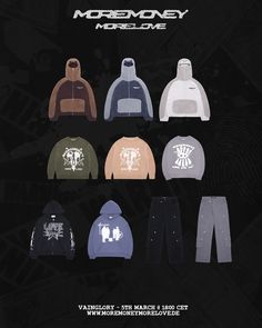 various hoodies and sweatpants are shown in this advertisement for mormoney magazine