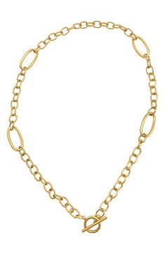 Mixed links compose this polished water-resistant 14-karat yellow gold-plated stainless steel toggle necklace for chic, contemporary style. 16" length Toggle clasp This piece of jewelry is water-resistant and will not tarnish with water contact 14K yellow gold plated stainless steel Imported Elegant Toggle Necklace With Cable Chain And Rectangular Links, Classic Gold Chain Link Toggle Necklace, Elegant Yellow Gold Chain Link Toggle Necklace, Luxury Gold Toggle Necklace With Oval Link, Elegant Toggle Necklace With Oval Link Chain, Yellow Gold Toggle Necklace With Oval Link Cable Chain, Elegant Toggle Necklace With Adjustable Oval Link Chain, Elegant Everyday Toggle Necklace With Oval Link, Elegant Toggle Necklace With Cable Chain Link