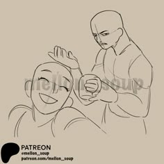 a drawing of a man getting his hair cut by a woman's head with the caption patreon