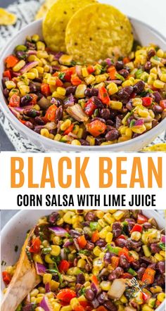 black bean corn salsa with lime juice in a white bowl and on the side is a tortilla chip