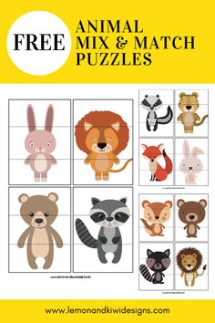 an animal mix and match puzzle is shown with the words, free printables