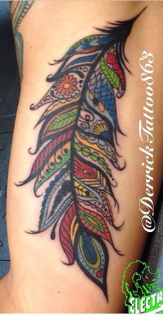 a woman's leg with a colorful tattoo design on the side of her arm