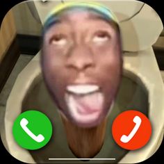 an animated image of a person talking on the phone with two green and red buttons