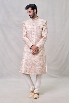 Cream, multicolor sherwani with thread, sequin embroidery in abstract pattern. Paired with churidar. - Aza Fashions Cream Sherwani, Embroidered Sherwani, Sequin Embroidery, Sequins Embroidery, Silk Embroidery, Churidar, Mandarin Collar, Pocket Square, Embroidery Thread