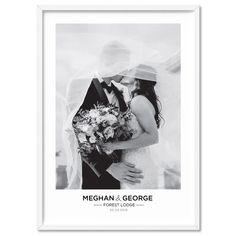 a black and white photo of a couple holding each other with the words, meeshn & george on it