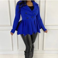 Beautiful Double Breasted Peacoat Jacket Cinched Waist With Pleated Peplum Detail. Color Blocked 2 Tone Jacket(Royal Blue & Black) Tie Belt Very Stretchy Blue Long Sleeve Pea Coat With Double Button Closure, Elegant Blue Double-breasted Outerwear, Blue Double-breasted Long Sleeve Peacoat, Blue Belted Double-breasted Outerwear, Blue Double-breasted Outerwear With Button Closure, Peacoat Jacket, Peplum Jacket, Royal Colors, Cinched Waist