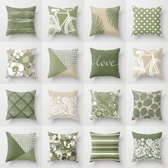 many pillows with different designs on them and the words love are written in white letters