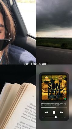 a woman sitting in a car reading a book