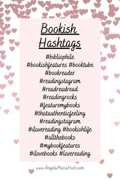 the bookish hashtags list with hearts in pink and black on white background