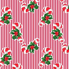 a red and white striped christmas background with holly berries, bells and candy canes