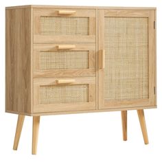 a wooden cabinet with wicker doors and drawers