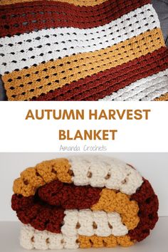 the autumn harvest blanket is crocheted in red, yellow and white yarns