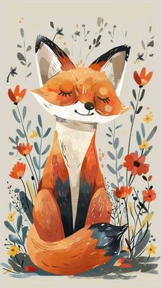 a red fox sitting in the middle of flowers