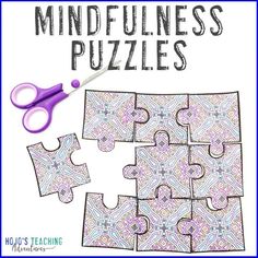 a puzzle piece with scissors next to it and the words mindfulness puzzles written in black