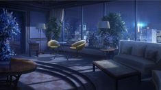 a living room filled with furniture and lots of windows overlooking the city skyline at night