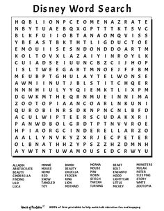 the disney word search is shown in black and white