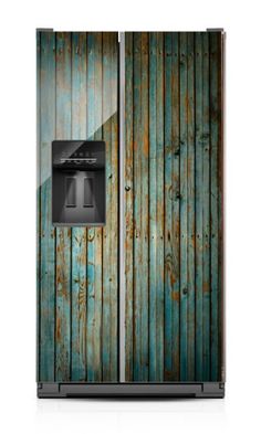 an old wooden door with a metal handle on the front and side panels that have been painted teal green