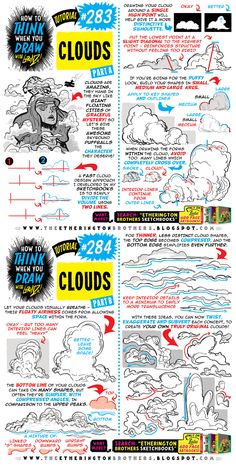 an info sheet showing how to draw clouds in adobe, photoshopped and ink