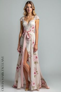 Olivia Mark - Elegant Floral Print Gown with Lace and Satin Accents - A Timeless Silhouette Fitted Cream Gown For Bridesmaid, Fitted White Floral Print Gown, Floral Print Fitted Wedding Gown, Fitted Floor-length Floral Gown, Beige Floral Print Maxi Dress For Wedding, Floral Print Gowns, Satin Belt, Satin Sash, Wrap Maxi Dress