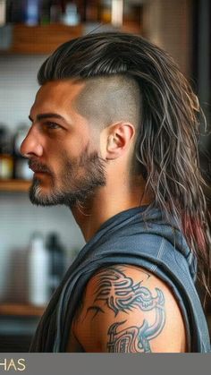 25 Modern Mullet Interpretations for Men Undercut Sides Long Hair, Men Long Hair Shaved Sides, Viking Mullet, Undercut Mullet Man, Long Hair Shaved Sides Men, Long Mullet Men, Men's Mohawk, Long Hair Mohawk, Classic Mullet