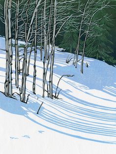 a painting of trees in the snow with long shadows from them on the ground,