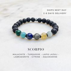 From October 23 to November 21, the Sun is in Scorpio ♏️ This Scorpio zodiac bracelet is designed with natural gemstones specifically for Scorpio astrology sign. It compliments and enhances Scorpio peace, harmony and well being. It is made of the following crystals: Malachite, Turquoise, Lapis Lazuli, Labradorite, Citrine and Aquamarine. (Check photos to see how the gemstones work with Scorpio energy.) ● You can select Black Lava or Wood Jasper as the complementary gemstones.  The beads/stones a Gemstones For Scorpio, Adjustable Spiritual Zodiac Jewelry, Spiritual Zodiac Sign Bracelet Gift, Spiritual Zodiac Beaded Bracelets For Healing, Scorpio Crystals, Crystals Malachite, Crystals Zodiac, Astrology Signs Scorpio, Scorpio Energy