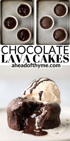 chocolate lava cakes on a plate with ice cream and chocolate drizzled over them