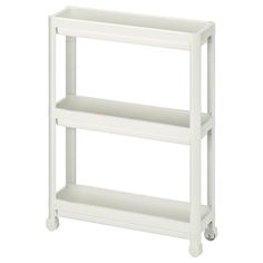 a white shelf with two shelves on each side and wheels to the bottom, against a white background