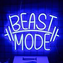 a blue neon sign that says beast mode