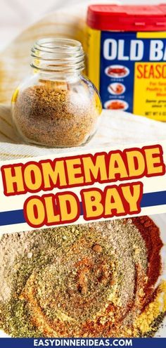 homemade old bay seasoning mix in a glass jar next to it is the title