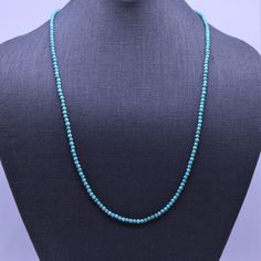 "This classic necklace is made from high quality genuine AAA grade natural genuine Kingman turquoise beads from the Kingman Turquoise mine in Arizona, USA. These stones are a beautiful brilliant blue green, have a superior polish, are perfectly calibrated, and are uniform in size. - Not dyed, treated or color enhanced. 100% natural. - Photos taken outside in natural lighting and in a light box. - No filters or color enhancements are added to the photos. The 3-3.8mm turquoise round beads are stru Turquoise Crystal Necklaces With Gemstone Beads, Turquoise Gemstone Beads Crystal Necklace, Turquoise Gemstone Bead Necklaces, Turquoise Necklaces With Faceted Beads, Turquoise Round Beads Crystal Necklaces For Jewelry Making, Turquoise Gemstone Beaded Necklaces, Turquoise Necklace With Round Beads, Hand-strung Turquoise Necklace With Round Beads, Turquoise Necklace With 8mm Round Beads