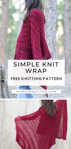 a woman wearing a red crochet shawl with text overlay that reads, simple knit wrap free knitting pattern