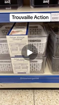 several plastic containers are stacked on top of each other in a store shelf with the words trouvalle action