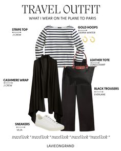 Graphic of what to wear on the plane to Paris. Outfit Ideas For Paris, Traveling To Paris, Travel Outfit Ideas, Plane Outfit, Travel Attire, Fashion Travel Outfit