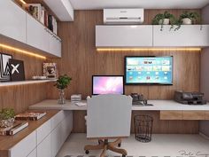 a computer desk with a monitor and printer on it in a room that has white tile flooring