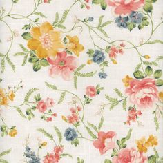 an image of a flowered fabric with many flowers on it and leaves in the background