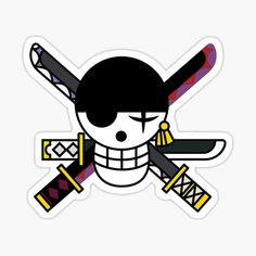 a sticker with an image of a skull and two crossed swords on it's face