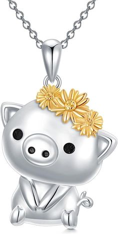 925 Sterling Silver Pig Pendant Necklace Jewelry Gift for Women   PIG NECKLACE : The Piggy Decorated with Sunflowers on its head, it Sitting and Enjoying Life. Reminds you to Live In The Moment and Enjoy The Life you earn. The Most Important is we hope you can Like a Sunflower, Go Ahead with a Smile. Whenever you Wear it, there comes with Joys and Vigor. MATERIAL : Our Sterling Silver Pig Necklace is Handmade by Quality Craftsmen with Featuring a Dainty Design - The Piggy and Sunflower Sculpted Pig Necklace Jewelry, Pig Necklace, Pig Jewelry, Elephant Pendant Necklace, Magnetic Necklace, Four Leaf Clover Necklace, Unicorn Necklace, Star Of David Pendant, Pig Lovers