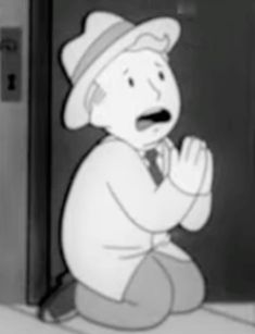 a cartoon character sitting on the ground in front of a door with his hands clasped