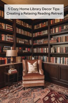 a chair sitting in front of a bookshelf filled with lots of bookcases