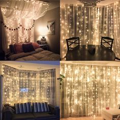 three pictures of curtains with lights on them and a couch in front of the window