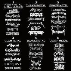 the metal band logos and their names in white ink on black paper, with different font styles