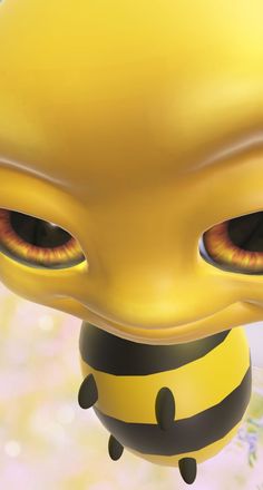 a yellow and black bee with big eyes