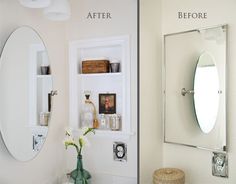 before and after photos of a bathroom with white walls, mirror on the wall and shelf above sink